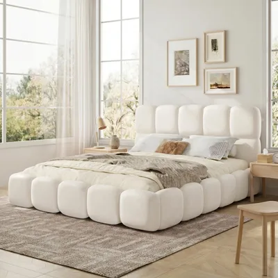 Produktbild von Flieks Polsterbett 180x200cm mit gepolstertem Kopfteil, Jugendbett Doppelbett mit Lattenrost, Klassisches Bett Holzbett Bouclé, Weiß