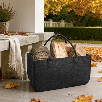 Image de ACXIN, lot de 10 sacs en feutre gris foncé, polyvalents, pour le bois de chauffage, les vêtements, les journaux et les jouets. Design classique, faciles à nettoyer, idéaux comme accessoires pour la cheminée