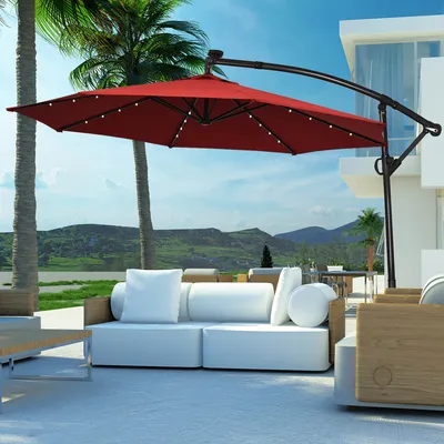 Produktbild von 360° Drehbar Sonnenschirm 300 cm, Gartenschirm neigbar mit 32 Lichter & Kurbel, UV-Schutz & Ständer, Ampelschirm 8 Schirmrippen für Balkon (Weinrot)