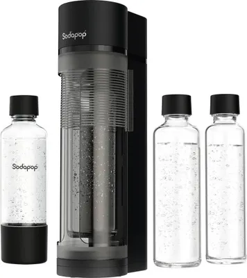 Immagine prodotto di Macchina per acqua frizzante Logan - Include 2 bottiglie in vetro (850 e 600 ml) e 1 bottiglia in PET (850 ml) - Colore: nero opaco - Altezza: 42,6 cm - Senza bombola di CO2 - Cilindrica