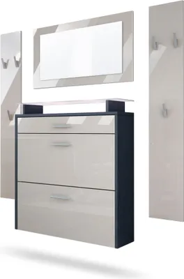 Produktbild von Vladon Garderobe Malea, Garderobenset bestehend aus 1 Hängeschuhschrank, 1 Wandspiegel und 2 Garderobenpaneele, Anthrazit matt/Sandgrau Hochglanz, inkl. LED-Beleuchtung weiß