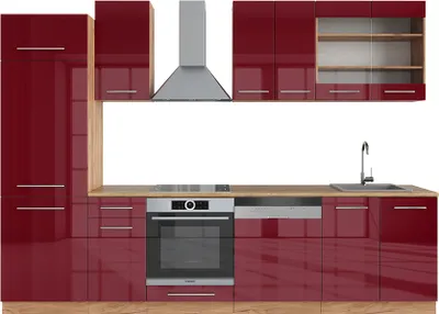 Produktbild von Küchenzeile Vicco Fame-Line Bordeaux Hochglanz/Goldkraft Eiche 300 cm ohne Arbeitsplatte, Model 38659