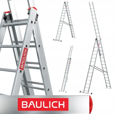 Produktbild von Baulich | Aluminiumleiter - 3-teilige - 3x15 Sprossen - 150 Kg Tragkraft - Multifunktionale Leiter - Stabilisator Im Set
