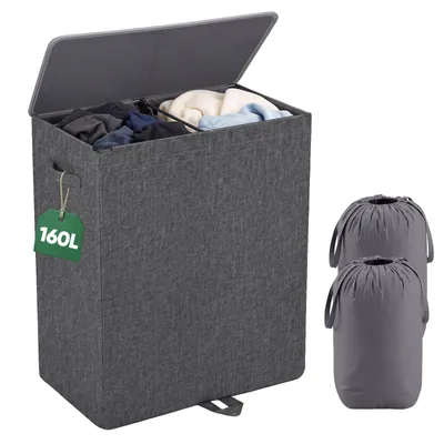 Produktbild von Wäschekorb mit Deckel 160L – großer Wäschesammler mit 2 Fächern Großer Wäschesack für Bad und Schlafzimmer, herausnehmbar mit Griffen