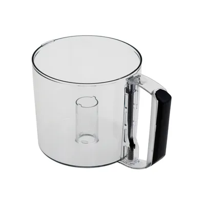 A clear, isolated shot of a food processor bowl with a handle.