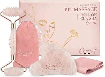 Obrázok produktu pre Sada na masáž Gua Sha – valček a masážny kameň z ruženínu, na tvár a bradu, prírodná starostlivosť o pleť