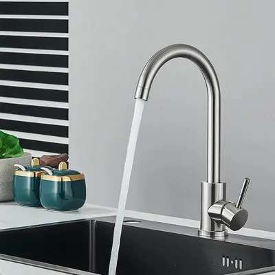 Immagine prodotto di Miscelatore per lavello da cucina con canna alta, girevole a 360°, con miscelatore per acqua calda e fredda, monocomando, installazione con un foro, cartuccia in Vetroceramica, finitura in nichel spazzolato