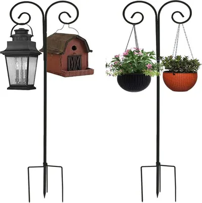 Produktbild von WISFOR 2tlg Schäferhaken Gartenstecker mit 2 Haken für Solarleuchten, Laternen, Weihnachtsbeleuchtung, Hochzeiten, Pflanzkörbe, EXTRA STABIL