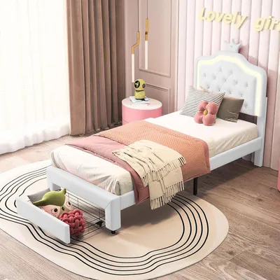 Obrázek produktu pro Jednolůžko - Postel - Rám postele (jednolůžko) - Postel na spaní - LED postel - Bílá - 90x200 cm