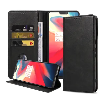 Produktbild von Smartphonica Handytasche passend für OnePlus 6 Kunstlederhülle mit Magnetverschluss und Kartenhalter Buchhülle mit Klappe - Schwarz