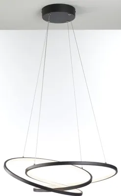 A modern black pendant light with three intertwined rings, suspended from a black ceiling mount by thin wires.