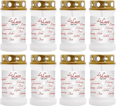 Produktbild von Grabkerze Weiß 8er Pack, Brenndauer: 40 Stunden ( je Kerze ), Motiv: LaLuce
