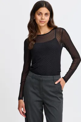 Produktbild von Fransa FRFxdeta Damen Longsleeve Langarmshirt Shirt mit Rundhals leicht elastisch Transperenz Slim fit