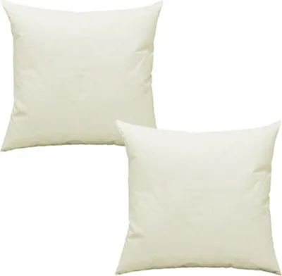 Two cream-colored square pillows are shown against a white background.