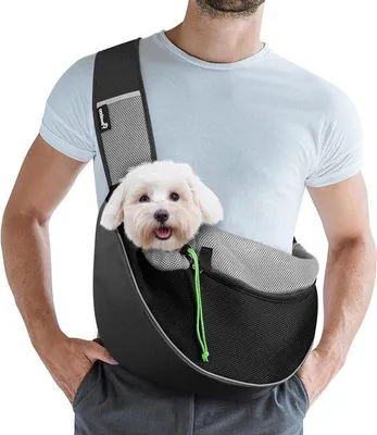 Image de Sac de transport pour chiens sans mains avec cordon de serrage - Sangle réglable - Maille respirante - Sac d'épaule pour chiens et chats - Bandoulière noire pour chiens avec sac