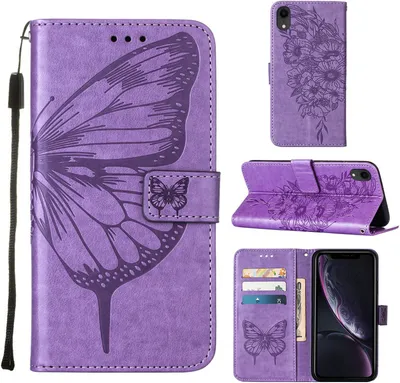 Produktbild von iPhone XR Hülle, Schmetterling Prägung Flip Leder Kartenfächer Schutzhülle Ledertasche mit Ständer für iPhone XR Violett
