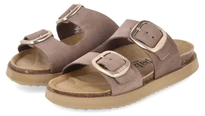 Image de Palado, sandales plates pour femmes, modèle KORMOS, couleur taupe, en cuir velours, taille 36