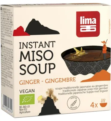 Produktbild von LIMA INSANT MISO SOUP INGWER, Miso-Suppe, 60 g, Miso, Gluten, Soja, Weizen, Vollkornreismiso* 59% (SOJA*, Vollkornreis*, Meersalz, Wasser, A. Oryzae), Mirin* (Wasser, Reis*,..., 498 kJ