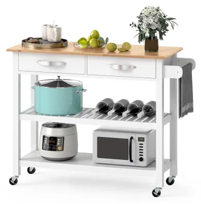 A white kitchen cart with a wooden top is shown against a white background. It is stocked with various kitchen items.
