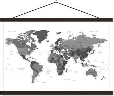 Produktbild von MuchoWow® Textilposter Männliche Weltkarte - schwarz und weiß 120x80 cm mit schwarzem Rahmen - Wanddeko