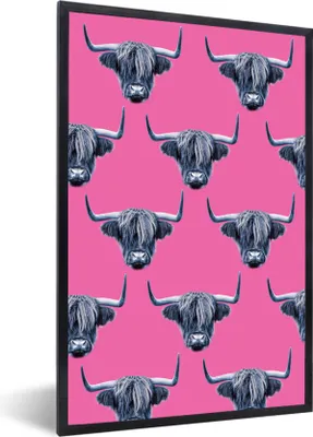 Produktbild von MuchoWow® MuchoWow® Gerahmtes Poster Schottisches Hochlandrind - Muster - Grau 60x90 cm - Poster mit zchwarzem Bilderrahmen - Kunst
