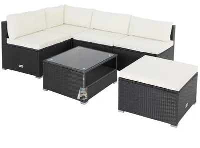Produktbild von CASARIA® Gartenmöbel Lounge Set Wetterfest 5 Personen Polyrattan Sicherheitsglas Tisch Outdoor Sitzkissen Terrassenmöbel Eck Sofa Schwarz Creme