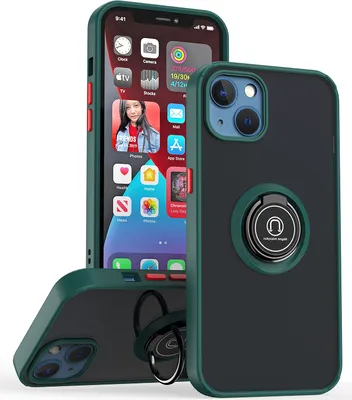 Produktbild von iPhone 14 Hülle, Ring Halter Ständer Matte Transluzent TPU Rahmen Stoßfest Schutzhülle für iPhone 14 dunkelgrün