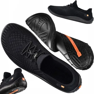 A collage of black barefoot shoes, showing different angles and views of the product.
