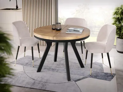Produktbild von Designer Runder Ausziehbarer Esstisch - Loft-Stil, Industriell, Platzsparend - Schwarze Beine - 100 bis 150 cm - für 5-8 Personen - Hergestellt in EU - Wotan Eiche - 150 cm