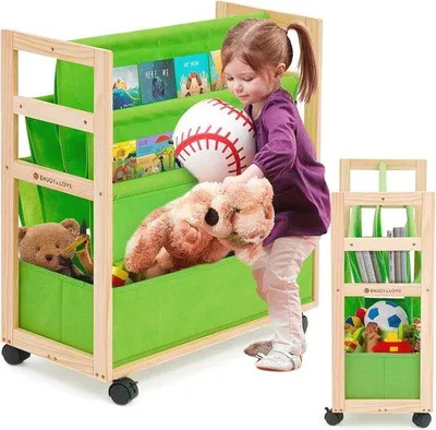 Produktbild von Kinderhochbett mit Rollen und Spielzeugkiste | Holzregal für Kinderzimmer