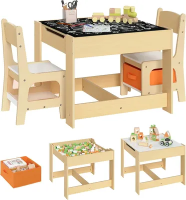 Produktbild von 3tlg. Kindersitzgruppe Kindertisch mit 2 Stš¹hlen Sitzgruppe mit Stauraum, 3 in 1 Maltisch & Aktivit?tstisch & Tafeltisch