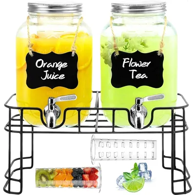Image de Ensemble de 2 distributeurs de boissons en verre avec robinet et support