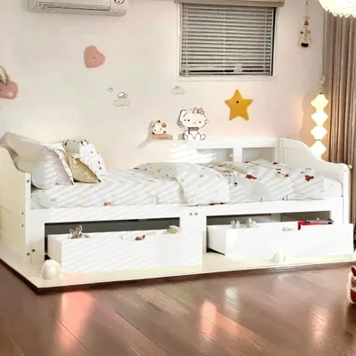 Obrázek produktu pro Rozkládací pohovka z masivního dřeva 90x200 cm se 2 zásuvkami, lze přestavět na manželskou postel 180x200 cm, praktická a pevná