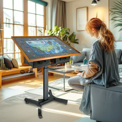 Produktbild von WISFOR Puzzlebrett Puzzle Tisch, höhenverstellbar neigbar rollbar, mit 2 Schubladen, 90×70cm