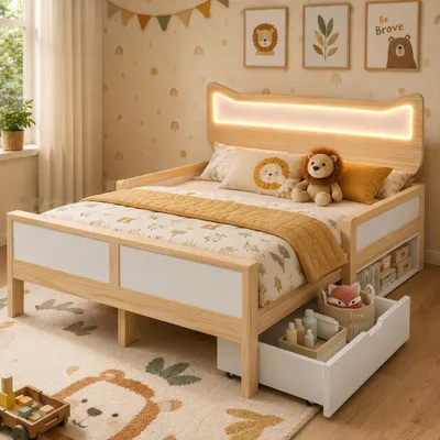 Zdjęcie produktu dla Łóżeczko dziecięce 140x200 cm z zagłówkiem w kształcie kota, oświetleniem RGB LED, stelażem, szufladą i pojemnikiem na pościel, montowane po obu stronach, kolor biały i dąb