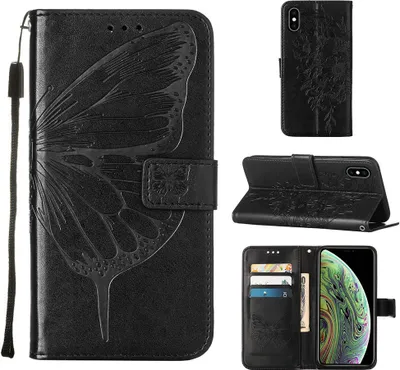 Produktbild von iPhone XS Hülle, Schmetterling Prägung Flip Leder Kartenfächer Schutzhülle Ledertasche mit Ständer für iPhone X / iPhone XS Schwarz