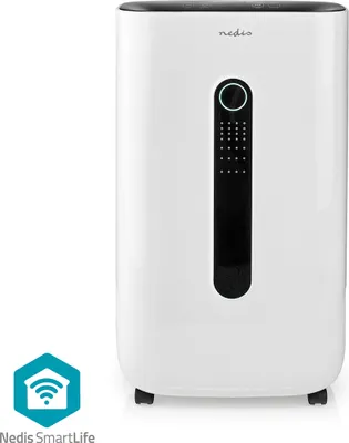 A white dehumidifier with a black control panel and a Nedis SmartLife logo.