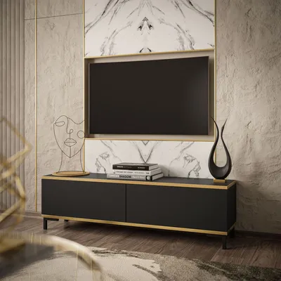 Produktbild von RTV Schrank OXFORD 135 cm Schwarz / schwarz matt + gold, Beine: Schwarz