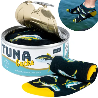 Produktbild von Sneaker Socken in Dose von SOXO - Baumwollsocken mit Thunfisch-Motiv Größe 40-45 - kurze Herrensocken - Lustiges Geschenk für den Freund