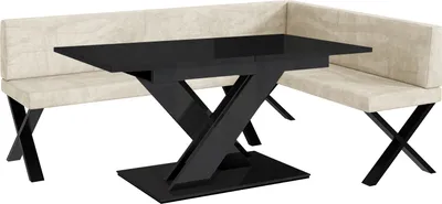 Produktbild von MEBLINI Eckbank für Esszimmer mit ausziehbarem Tisch - Küchenbank - Essecke - Sitzecke Küche - TONI - X-Beine 142x196x87cm Rechts - Creme Samt/B Schwarz Hochgl.