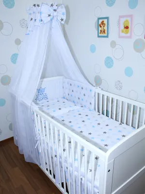 Produktbild von Primawela Baby Bettwäsche Set mit Applikation- 6 teiliges Set mit Chiffon Himmel Bettset Nestchen- 12. Prince - Star Blau