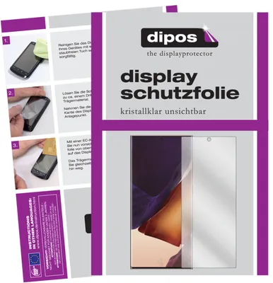 Instructions for applying a screen protector to a smartphone, alongside the product packaging and a clear image of the screen protector.
