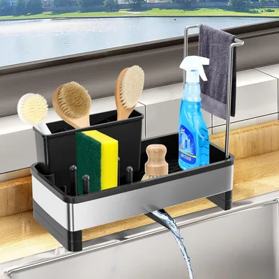 Produktbild von Spülbecken-Organizer mit Abtropffläche, Schwammhalter, Waschbecken-Organizer mit abnehmbarem Geschirrtuchhalter, Küchen-Organizer für Küchenutensilien (Schwamm/Bürste/Spülmittel).