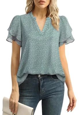 Produktbild von Lotusmile Elegante Chiffon-Blusen für Damen, Sommer, Puffblüten, Kurze Ärmel, V-