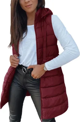 Produktbild von ASKSA Damen Steppweste Lang aermellose mit Kapuze Weste Warm Leichte Winterjacke Casual Steppmantel Einfarbige Winter Sportwesten (Weinrot,XL)