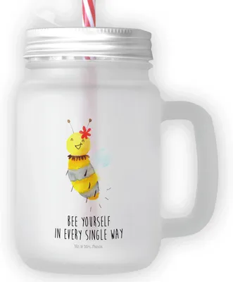 Produktbild von Mr. & Mrs. Panda Glas Biene Blume - Transparent - Geschenk, Henkelglas mit Strohhalm, deckel, Trinkgefäß, Becher, Cocktailglas