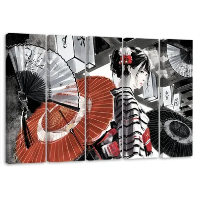Produktbild von 5-teiliges leinwandbild geisha mit fächer 100x70 cm Feeby grau wandbild bereit zum aufhängen