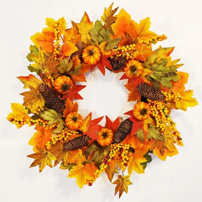 Immagine prodotto di Ghirlanda autunnale con foglie d'acero e zucca, 50 cm, ghirlanda decorativa per la porta per il Ringraziamento e le decorazioni autunnali