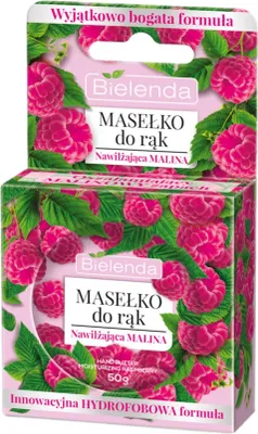 A product box for Bielenda hand butter with raspberries.