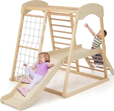 Produktbild von Klettergerüst Indoor Kletterspielzeug mit Rutsche Kletterleiter Kletternetz Affenstange, Spielturm Spielplatz Montessori Kletterdreieck aus massivem Kiefernholz für Kinder ab 1 Jahr (Natur)